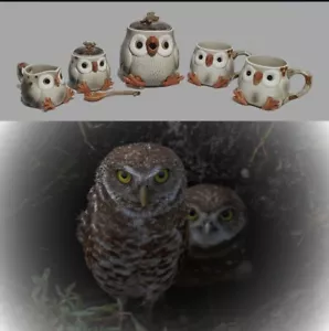 Vintage 1978 FITZ & FLOYD Japanese Hand Painted Porcelain OWL TEA SET ~ 6 Pieces - Picture 1 of 15