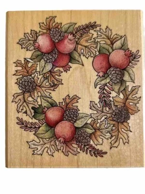 Гранатовый венок резиновый штамп Stampede A1048H, дубовые листья, сосновые шишки новый - Изображение 1 из 4