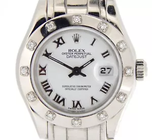 Ladies Rolex 18K White Gold Datejust Pearlmaster Watch White Roman Diamond 80319 - Picture 1 of 7