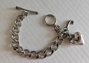 Vintage Juicy Couture Heavy Silver w/ Heart & J Charms Link Toggle Bracelet 7.5” - Picture 1 of 2