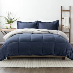 Twin/Twin XL Reversible Comforter Set 3PC Navy Gray Microfiber Down Alternative - Picture 1 of 12
