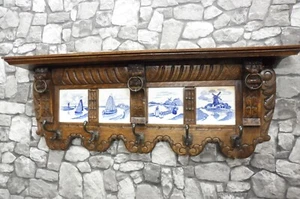 Beautiful Antique Dutch Wooden Coat Rack Oak Wood Wall Rack - Picture 1 of 13