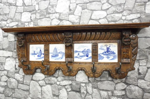 Beautiful Antique Dutch Wooden Coat Rack Oak Wood Wall Rack Cover