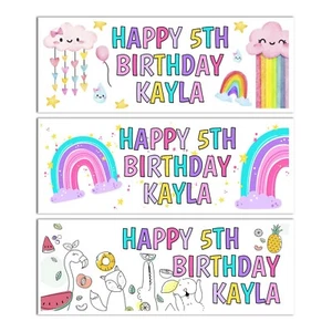 NIÑAS PERSONALIZADO ARCO IRIS BANNER FELIZ CUMPLEAÑOS NOMBRE FIESTA DE EDAD - Imagen 1 de 7