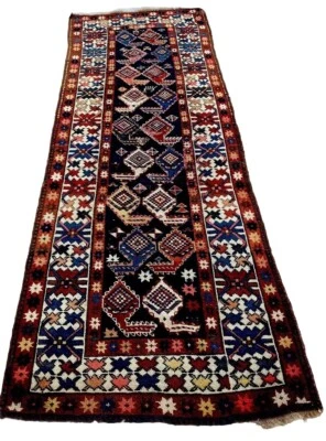 Alfombra de corredor kurda antigua 4 X 10 Boteh azul caucásico melocotón rojo dorado marfil Foto 1 de 4