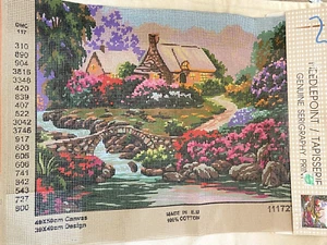 Needlepoint Tapestry Canvas 12 x 16 Summer Cottage w/ River Bridge Flower Garden - Picture 1 of 4