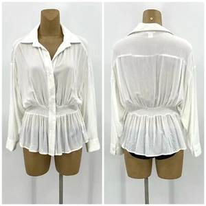 VENUS 8 Medium White Cinched Waist Blouse Long Sleeve Semi Sheer V Neck Top - Picture 1 of 7
