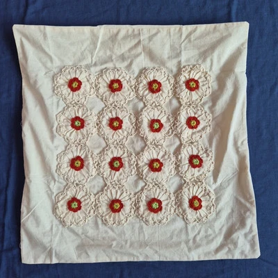 Vintage Linen Crochet Cushion Cover Beige Granny cushion cover Country Large - Image 1 of 4