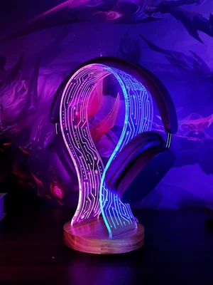 Soporte para Auriculares, Soporte para Auriculares de Madera de Nogal con Luz Nocturna LED Azul Rosa Foto 1 de 4