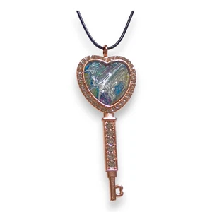 Handmade Heart Key Cabochon Statement Pendant Rose Gold Rhinestone Necklace Gift - Picture 1 of 7