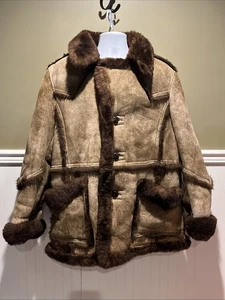Vintage Burman’s 100% Wolle Kunstfell gefüttert Leder Bergmann Mantel Gr. 44 braun - Bild 1 von 11