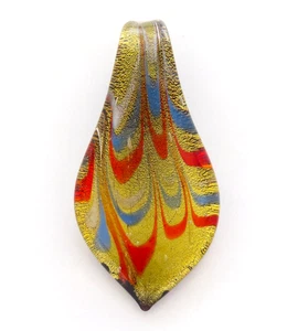 Orange Blue Gold Art Glass Pendant Vintage Lampwork Groovy Waves Teardrop Foil - Picture 1 of 3