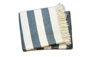 Cream and Slate Slanted Stripe Fringed Throw Blanket - Picture 1 of 7