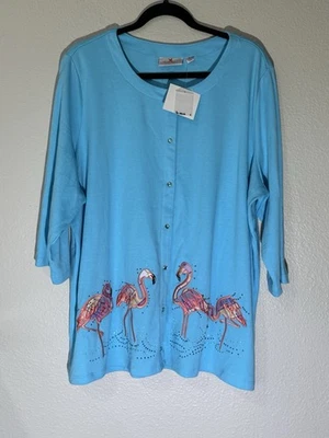 Quacker Factory Cardigan 2X Flamingo Embellished Cardigan Top NWT Blue Snap - Image 1 of 4