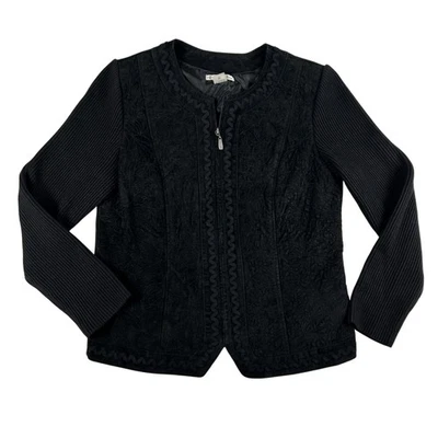 Peter Nygard Jacket Womens Medium Suede Leather Knit Sleeve Embroidered Zip - Image 1 of 4