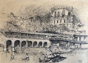 Biarritz, La villa Le Goéland vue de la plage — dessin à l'encre rehaussé — 2015 - Picture 1 of 3