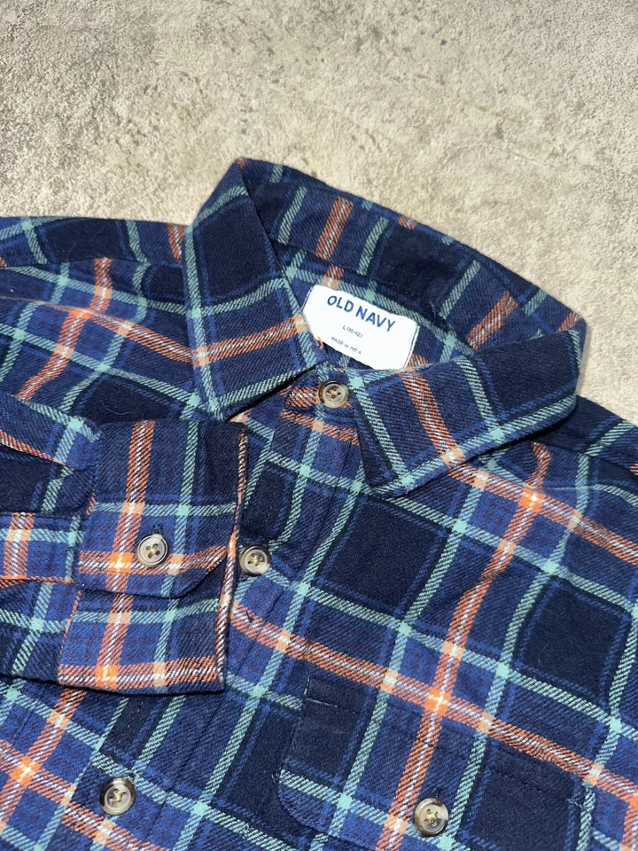 CAMISA INFORMAL VIEJA AZUL MARINO NIÑOS TALLA L 10 12 AZUL NARANJA FRANELA A CUADROS ABOTONADA Foto 1 de 4