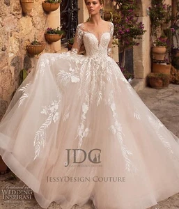 Vestido de novia de encaje de hojas vestido de novia ilusión manga larga 32-60 botones de marfil excelente - Imagen 1 de 5