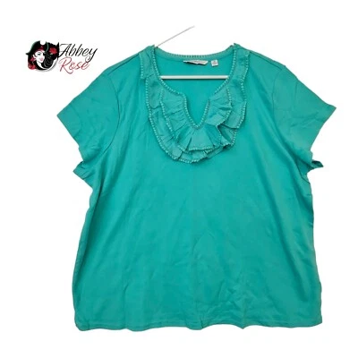 Isaac Mizrahi Live QVC Tejido Elástico Top Volantes Frontales Talla 3X Verde Azulado Manga Gorra  Foto 1 de 4