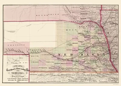 MAPS OF THE PAST Railroad Map - Nebraska Railroad Townships - Cram 1875 - 23 x 32.39