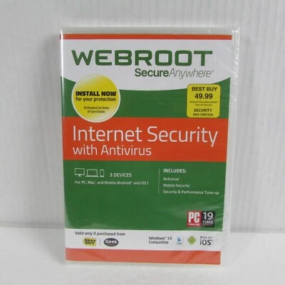 Webroot Internet Security w/Antivirus Windows 10 Compatible 3 Devices NEW SEALED - Image 1 of 2