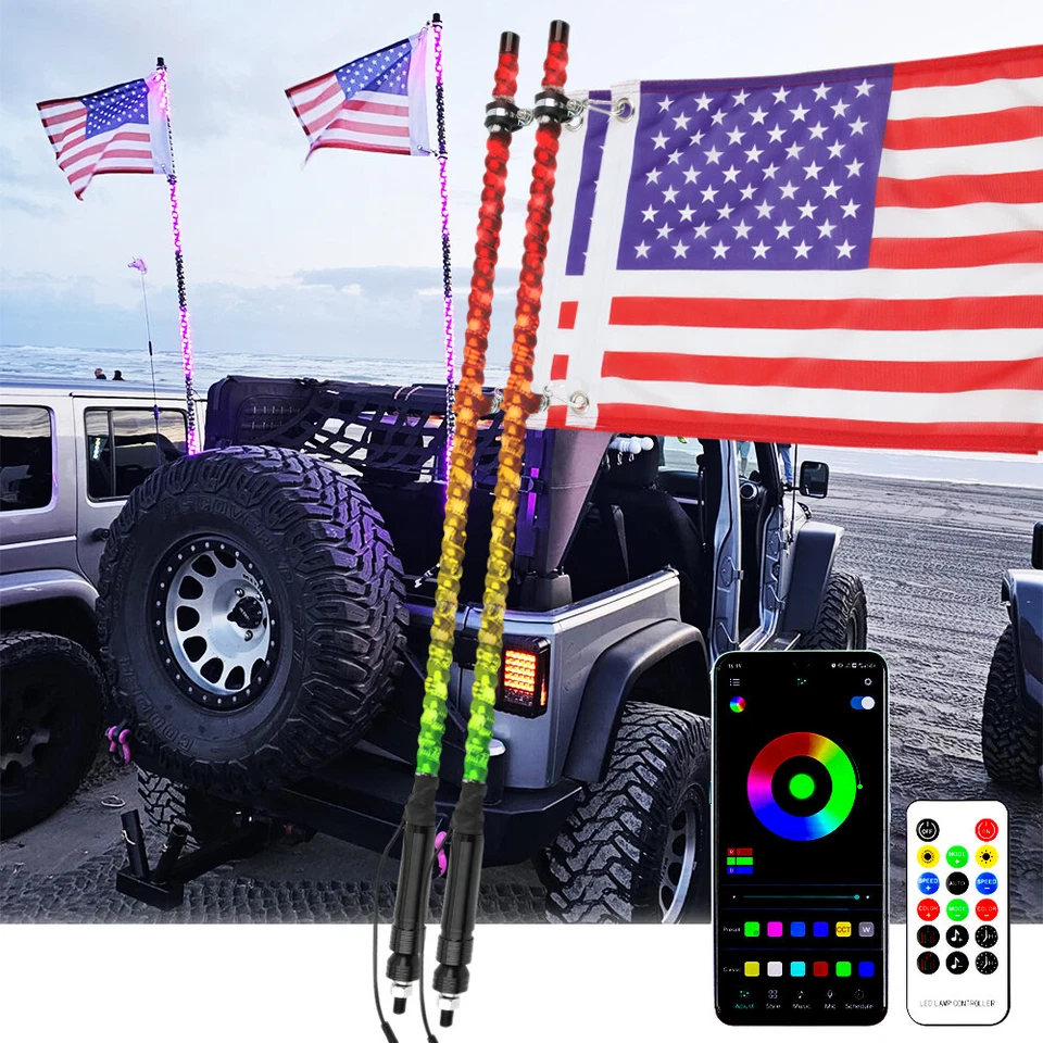 Pair 2FT RGB Spiral LED Whip Light Antenna W/Flag For Jeep Gladiator Wrangler JK - Image 1 of 4