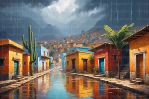 Fine Art Giclee Print, Rainy Mexican Village Street - Picture 1 of 1