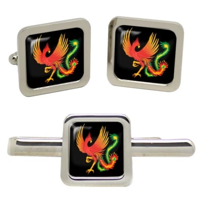 Cinese Fenice Quadrato Gemelli E Fermacravatta Set - Immagine 1 di 4