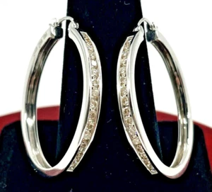 14k Solid White Gold Ladies Round Diamond Hoop Earrings, 1.3 inches - Picture 1 of 8