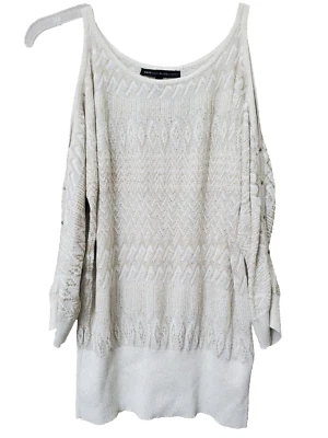 Suéter WHBM Beige Dorado Metálico Hombro Frío Cintura Bandas Talla Mediana Foto 1 de 4