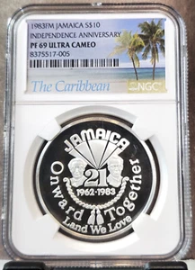 1983 JAMAICA SILVER 10 DOLLARS INDEPENDENCE NGC PF 69 ULTRA CAMEO RARE TOP POP - Picture 1 of 3