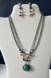 2 Sided PendantOnyx & Turquoise With Other Natural Stones Necklace & Earring Set - Picture 1 of 9