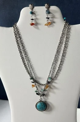 2 Sided PendantOnyx & Turquoise With Other Natural Stones Necklace & Earring Set - Image 1 of 4