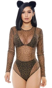 Leopard Print Mesh Bodysuit Long Sleeves Zipper Closure Sheer 118701 M/L - Picture 1 of 3