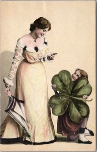 c1900s GOOD LUCK Greetings Postcard Mother & Daughter w/ Giant 4-Leaf Clover - Picture 1 of 2