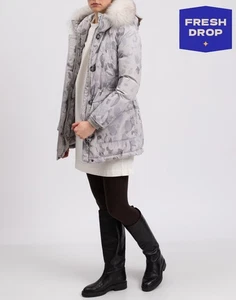 RRP €600 WOOLRICH Down Parka Jacket Size XS Grey Camouflage Fox Fur Trim Hooded - Picture 1 of 11