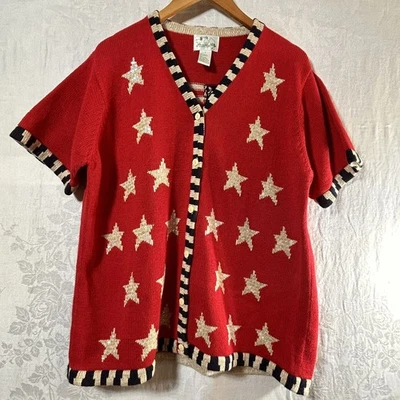 Quacker Factory Sweater Large Red Star Stripe Sequin Flag Cardigan Short Sleeve - Image 1 of 4