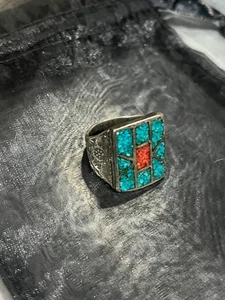 Anillo de plata esterlina turquesa con incrustación rasante nativo americano talla 10 - Imagen 1 de 9