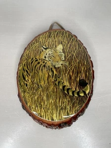 Vintage Tiger In Grass Golden Lacquered Live Edge Wood Plaque Wall Hanging USA - Picture 1 of 7