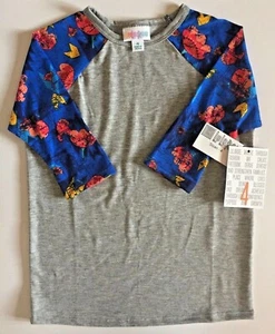 NWT LuLaRoe Kids' SLOAN Size 4 BASEBALL TEE Grey with BLUE Aztec FLORAL Sleeves - Picture 1 of 4