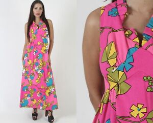 Vtg 60s Hot Neon Pink Op Art Luau Hawaiian Party Dress Tiki Muu Muu Hawaii Sun