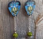 Love and Hate Skull Guitar Pick Earrings with Green Pave Bead Dangles