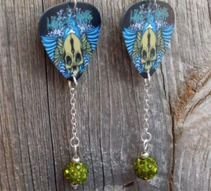 Love and Hate Skull Guitar Pick Earrings with Green Pave Bead Dangles - Picture 1 of 3