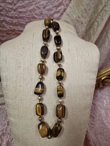 Collana Pietre Occhio di Tigre e Perle Anni '80 Cm. 49 vintage (V3) ^ - Picture 1 of 6