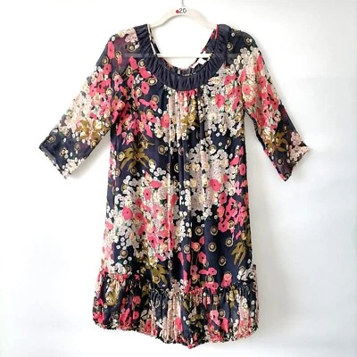 Rebecca Taylor Womens Blue Round Neck Glitter Floral Ruffle Hem Mini Dress Sz 6 - Image 1 of 4