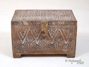 VINTAGE WOOD BOX - Hand Carved Antique Storage Box - Moroccan Wooden Decor - Picture 1 of 10