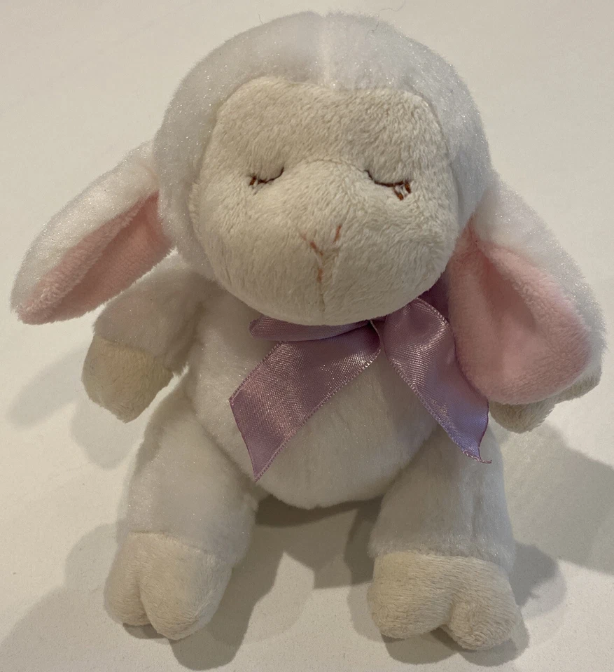 "Juguete suave de peluche blanco Ganz Cordero ojos cerrados orejas rosas oveja fe arco púrpura 5""" Foto 1 de 4