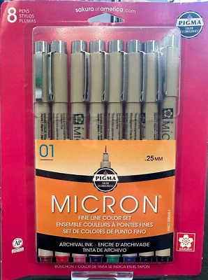 SAKURA PIGMA MICRON 01 FINE LINE COLOR PEN SET .25mm - 8 PIECE SET #30068