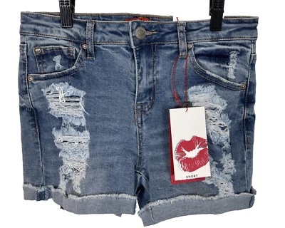Hot Kiss Denim Shorts New Sz 3 Blue Jean Distressed 4" Inseam Cuffed Classic Foto 1 de 4