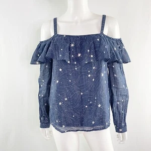 Anthropologie Floreat Navy Blue Cold Shoulder Top Size M Metallic Stars Blouse - Picture 1 of 12